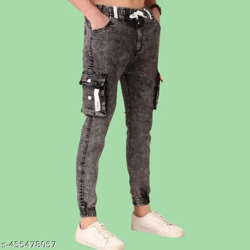 Stylish Six-Pocket Cargo Denim Jeans for Men - Available in Grey, Black, and Blue | Sizes 26 to 36