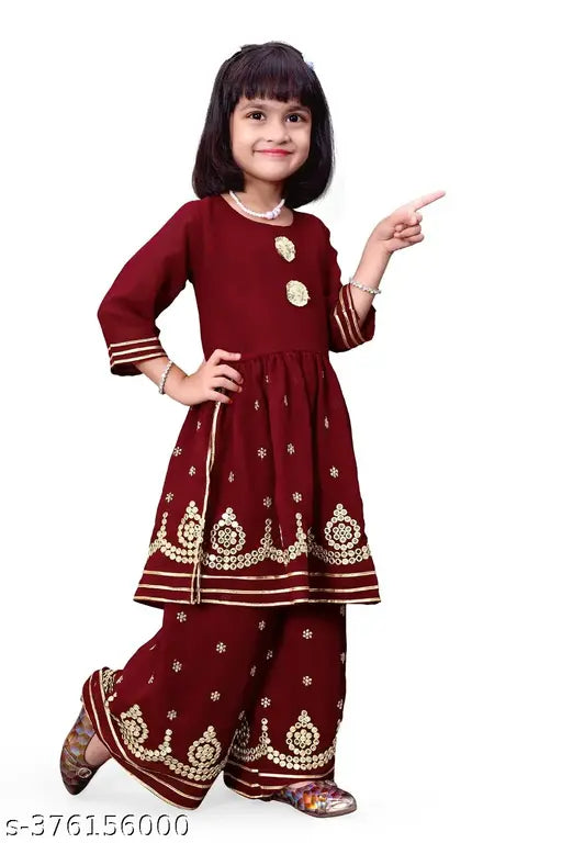 Queenpin Festive Collection Marron Pallazo Kurta Set for Girl