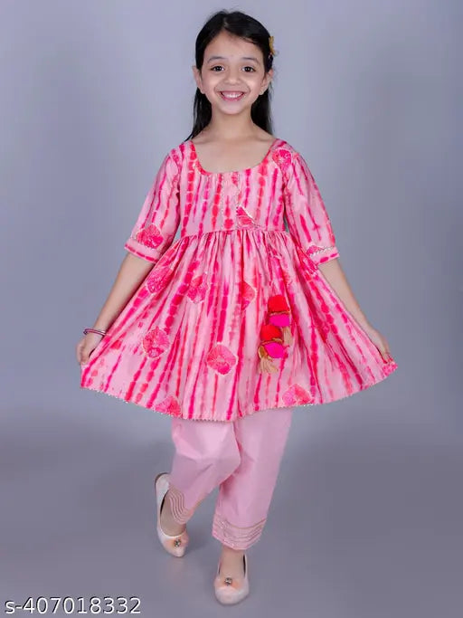 FabJunior Girls Pink Cotton Tie-Dye, Golden Foil Print Anarkali/Flared Kurta & Pant Set