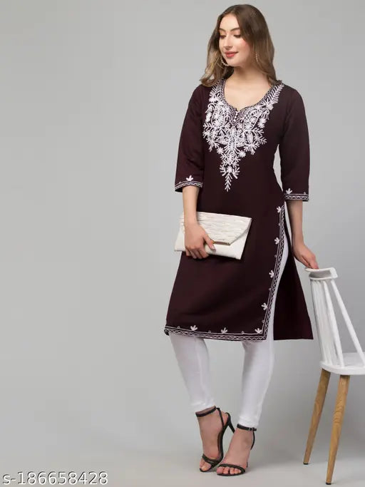 WINE WOOLLEN EMBRODRY AARI WORK KURTI FOR WOMEN