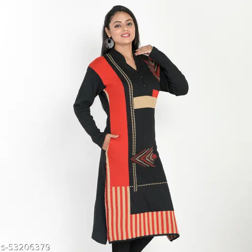 Women's Straight Printed Black Woollen Kurti