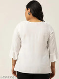 theRebelinme Plus Size Women's White Solid Color Bell Sleeve Regualr Top