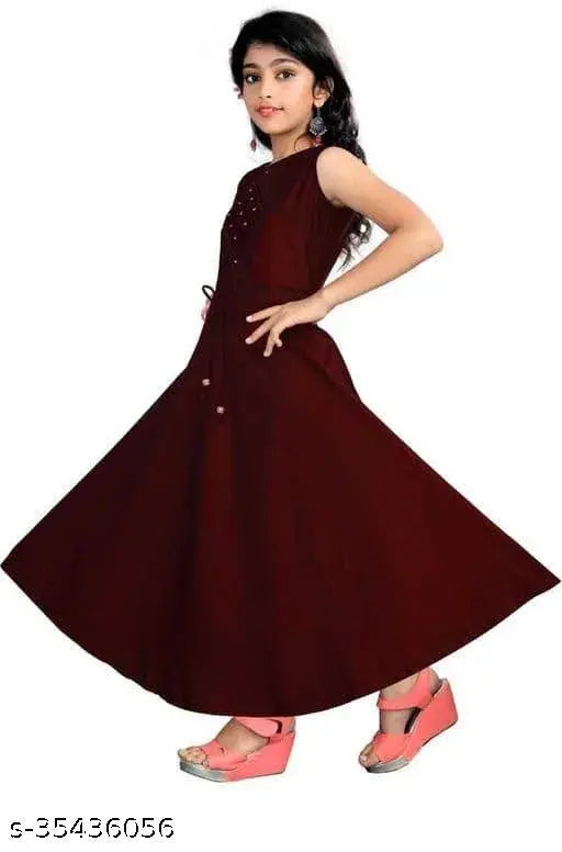 Girls Maroon Polyester Ethnic Gowns