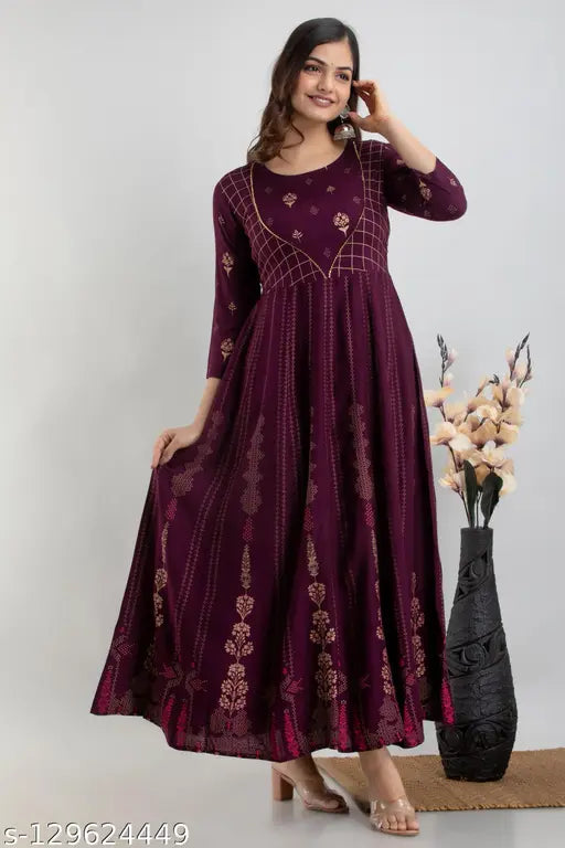 ftDiva Women's Rayon Printed Anarkali Kurta in Purple