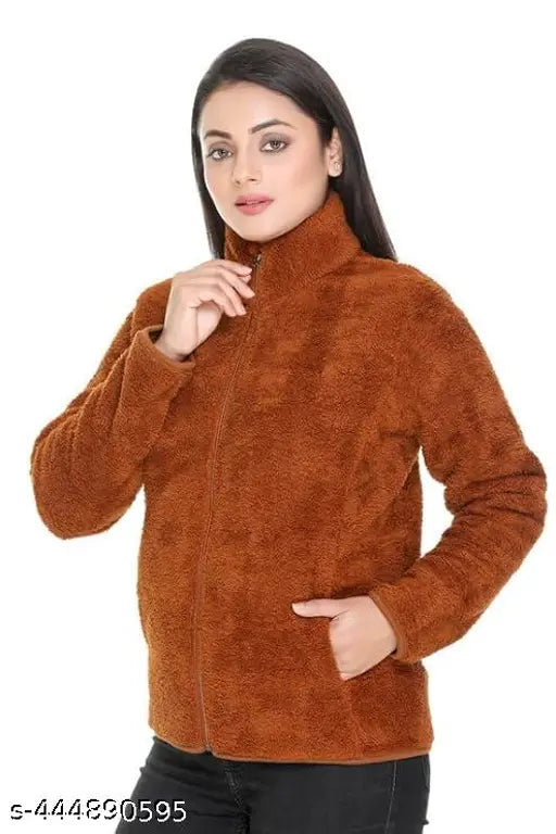 Women Solid Full Sleeve Fur Jacket for Winter | Polyester Fluffy Yarn Fleece Full-Zip Standard Length Jacket