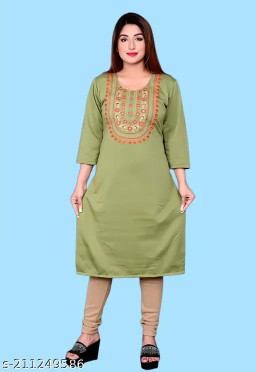 Women's Straight Embroidered Red Woollen Kurti