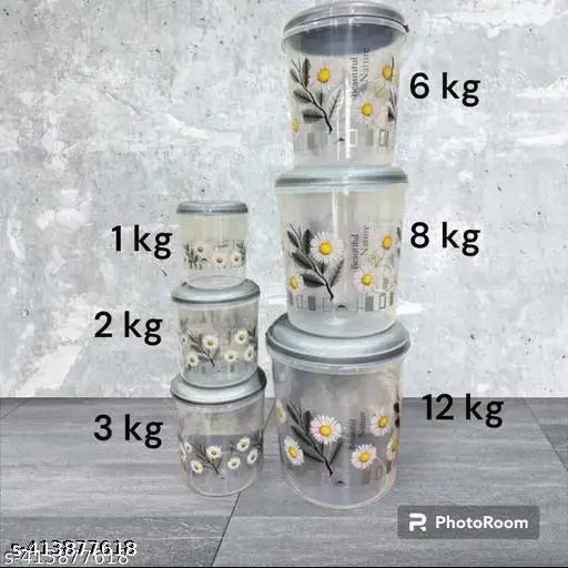 Hoatzin 6 Pcs Plastic Container set with beautiful design ( 12KG , 8KG , 6KG , 3KG , 2KG , 1KG Mixer Grocery Container - Grey)