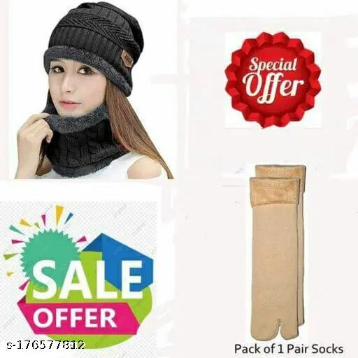 Combo pack of 2 (1 neckk set+ 1 snow socks) Trending, very stylish, worm , soft , fully fur inside in topa & neck muff / Trendy woolen socks inside finished with soft velvet which makes your foot relax worm and sweat free one size protect from winters for