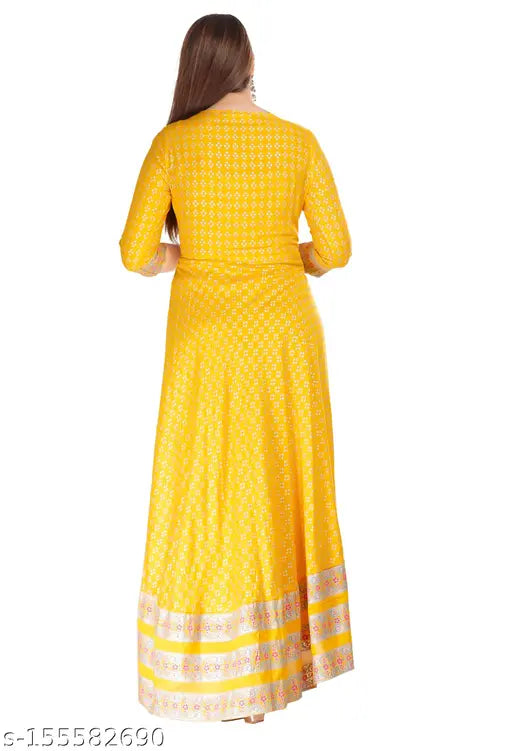 Women's Yellow Rayon Printed Long Anarkali Kurti