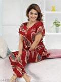 """""Women’s All Over Cross Print Satin Kaftan Night Suit"""""Top Pyjama Set"""""Maroon