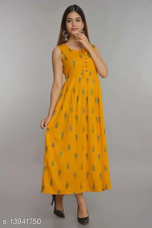 Women Rayon Angrakha Printed Yellow Kurti