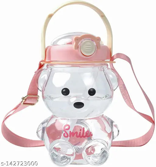 Elecart Transperent Smile Bear 1000ml Water Bottle with Straw, Cartoon Water Bottle BPA Free Built in Carrying Loop, Adjustable & Removable Shoulder Strap, Leak-Proof Drinking Bottle for Travel