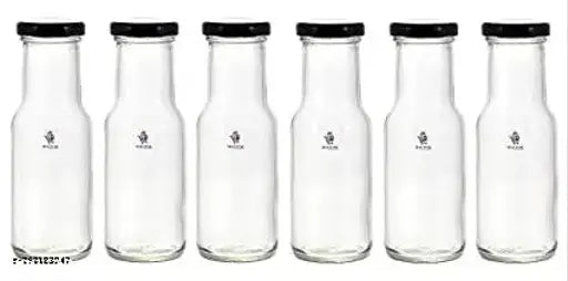 Machak 200 ml Glass Bottles for Milk, Juice with Rust Proof & Airtight Black Cap