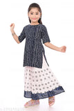 Kids Girls Jaipuri Printed Kurti Skirts Sets Navy Blue