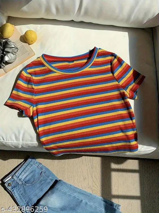 Crop Short Sleeve Stripe Print T-Shirt For Spring & Summer, Girl's & Women's Clothing