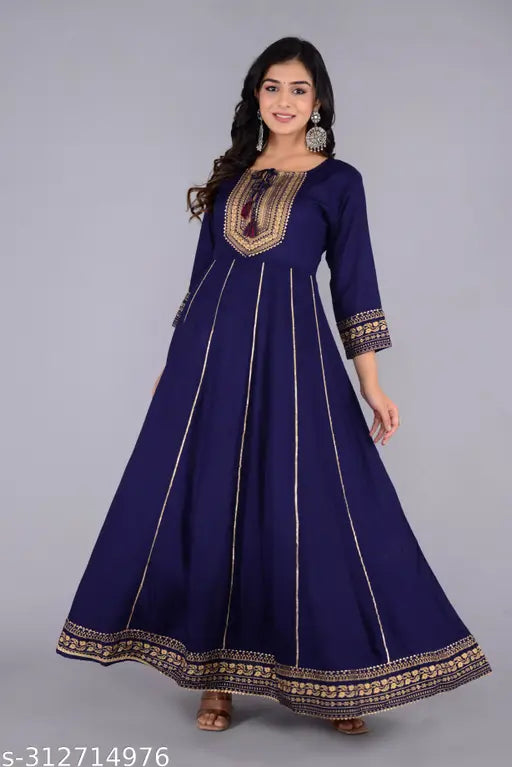 Beautiful Blue Gold Printed Work Anarkali Long Kurta With Dori Tassle Works and Gotta lace works