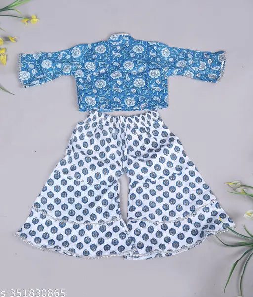 Spack Jerrow Cotton Floral Printed Top & Sharara Set for Kids Girls (BLUE)