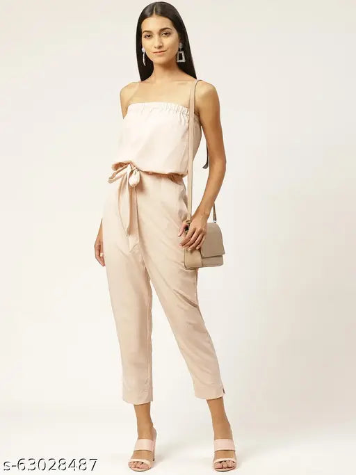 IQRAAR Polyester Solid Western Wear Jumpsuit With Fabric Belt For Women (Peach)