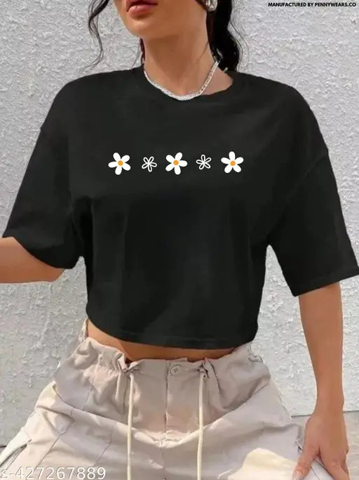 Flower-Half Sleeve Black Color Crop Top T-Shirt Casual Round Neck Drop Down Shoulder Loose Fit Summer Tees for Women's and Girls