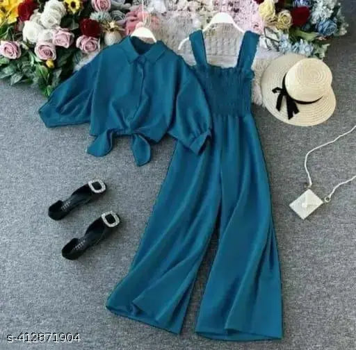 Trendy Solid Jumpsuit Blue In Colour Two Piece Western Style For Ladies