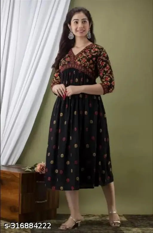 Trendy Rayon Black New Stylish Floral Printed Anarkali Kurti for Women's Ethnic Wear Party Wear Middi Gown