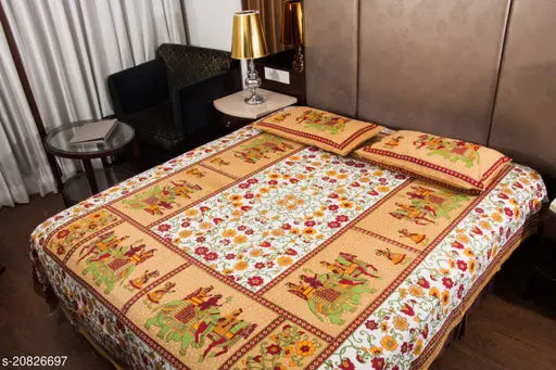 UniqChoice 100% Cotton Jaipuri Traditional Printed Double Bedsheet With 2 Pillow Cover