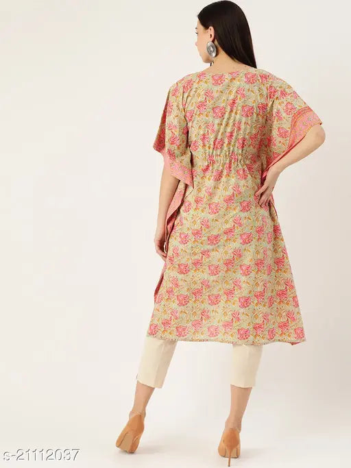 Maaesa Cotton Green & Pink Kaftan Kurti