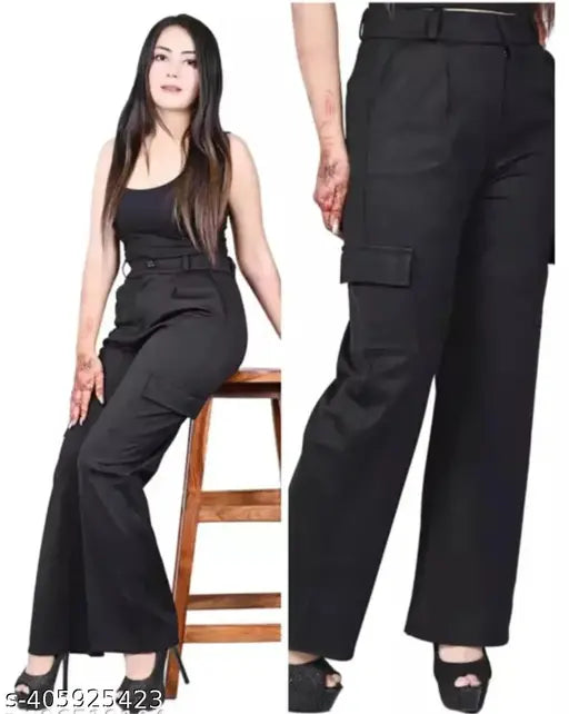 Name: |Women Premium Cotton Wide Leg 4 Pocket Cargos/Trousers | Relaxed Fit Cargo Pants with Insert Pockets