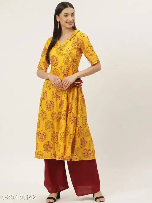 Mustard Printed Angrakha Anarkali Kurta