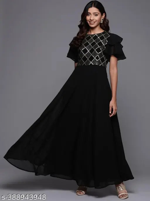 Our black solid tone maxi dress features a round neckline with a stylish keyhole detailing at the back, and statement ruffled sleeves. Adorned with embellished sequins, this charming style is perfect for festive celebrations.