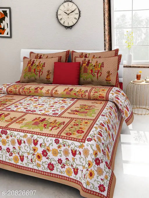 UniqChoice 100% Cotton Jaipuri Traditional Printed Double Bedsheet With 2 Pillow Cover