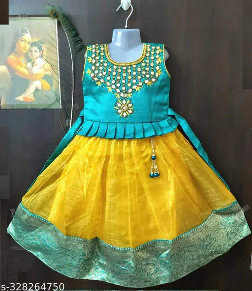 Kids Designer Embroidered Mirror Work, Embellished Pattu Organza Silk Long Gown / Long Ethnic Frock / Full Length Gown with Zari Border.