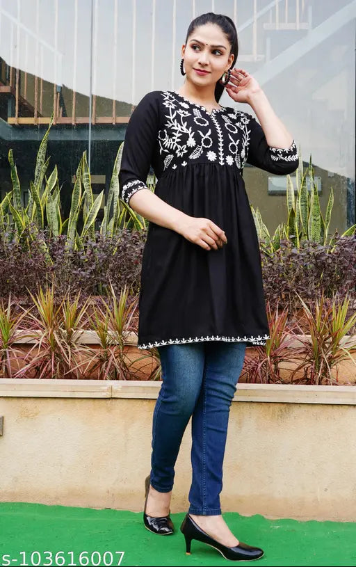 Women Fit and Flare Black Short Kurti