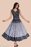 Womens's Long Length Pure Cotton Jaiprui Printed Maxi Dress (Black, White)/ FREE SIZE DRESS FOR WOMEN