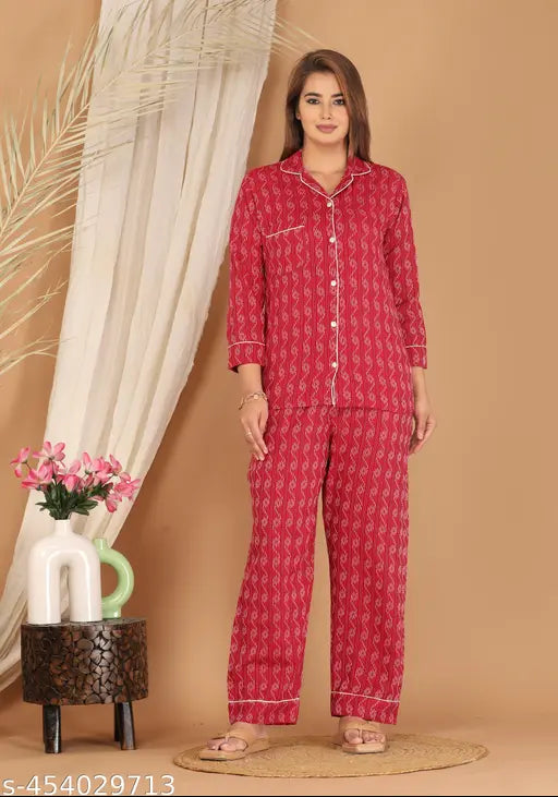 Sakshi Fashion Cotton Printed Red Night Suit for Women – Comfortable Top & Pyjama Set | Red Night Suit | Women's Night Wear | Cotton Night Suit | Women’s Pyjama Set | Printed Nightwear | Soft Fabric Night Suit