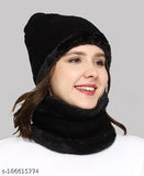 Latest Stylish Women's Girl's Winter Woolen Warm and Snow Proof Soft Beanie Cap and Scarf Set (Fur Inside) Women Winter caps