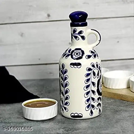 Kraftlik Handicrafts Ceramic Oil Dispenser with Lid for Kitchen | Oil Bottle | Oil Sprayer | Oil Container for Kitchen Storage | Ideal for Storage of Cooking Oil, Vinegar and Other Liquid Items at Home | Must have for Kitchen Restaurant 1 Litre Blue (BB2)