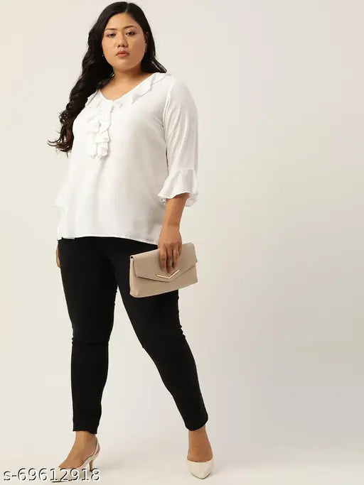 theRebelinme Plus Size Women's White Solid Color Bell Sleeve Regualr Top