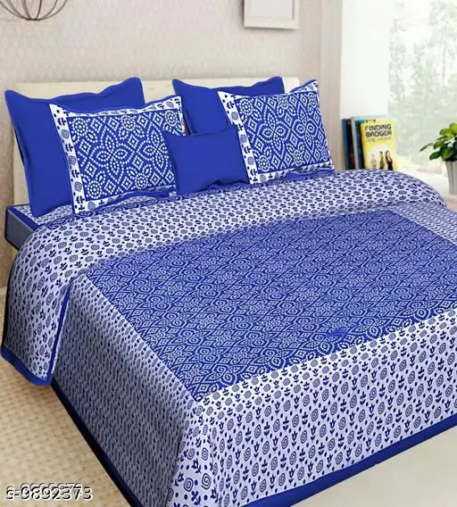 Cotton Double Bed Bedsheet Sanganeri Print Chunri Pattern Printed Bed Sheet with 2 Pillow Cover Color Blue