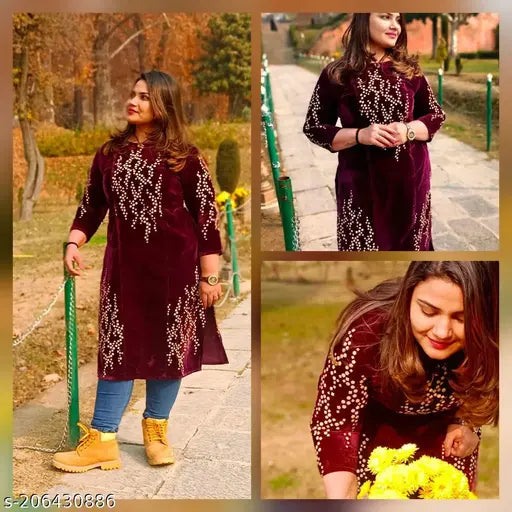 HAVYAA WINE VELVET FOIL PRINTED KURTI