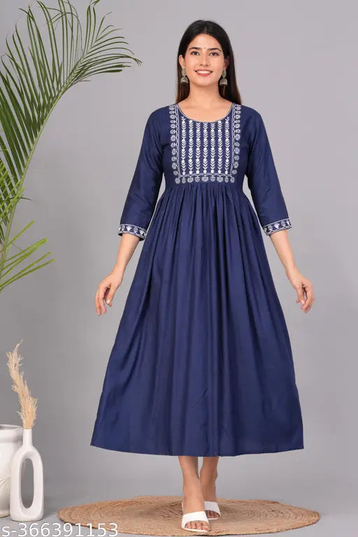 Women Embroidered Flared Kurta (blue)