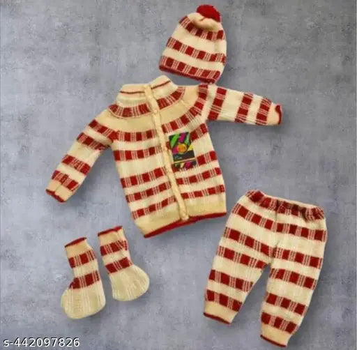 Handmade Soft Woolen Baby Outfit Set - 4 Piece (Sweater, Pants, Socks & Hat)