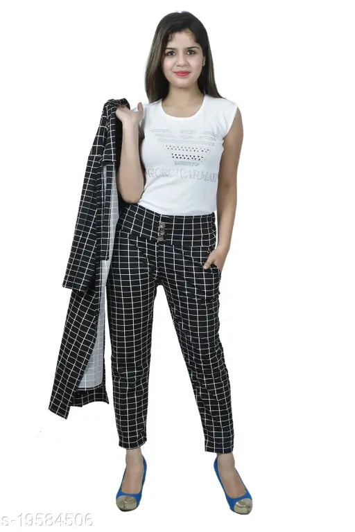 Women's 3 Piece Check Print Dress Shrug || Top || Pant