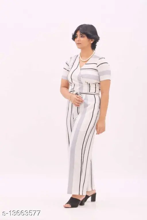 COCCON Women's White Poly Mos V-Neck Striped Jump Suit