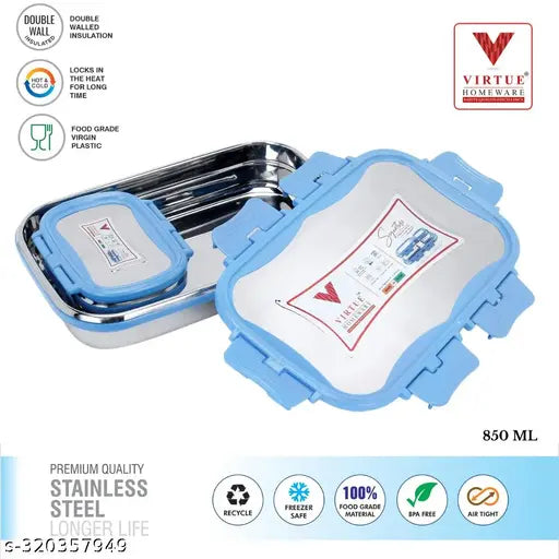 VIRTUE HOMEWARE Stainless Steel Lunch Box Set -1 Container (850 ML)|Dishwasher Safe|Air Tight Container lids & Leakage Proof Tiffin Box|Office School Travel Picnic Lunch Box ( RED / BLUE / GREEN )