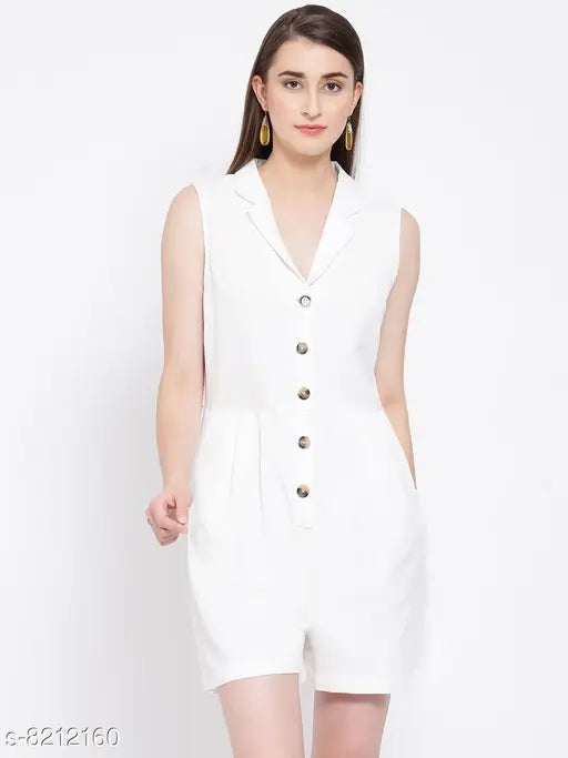 Oxolloxo Solid Color Regular Fit White Women Cotton Playsuit