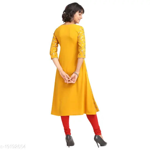 Women Poly Crepe A-line Printed Yellow Kurti