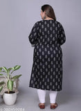 Avnii Women Black Floral Print Plus Size Straight Kurti Cotton Kurta (Black)