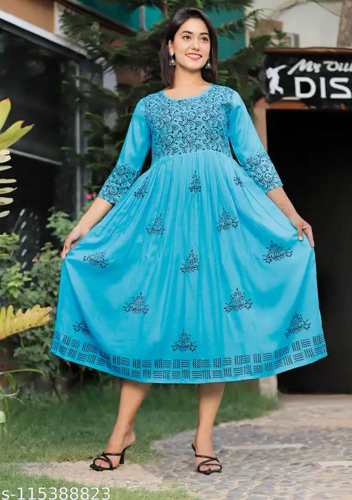 Women Sky blue Rayon Hand Block Print Detail Anarkali Kurti