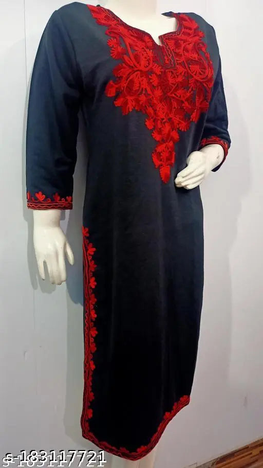 Nav by Naya Stylish Black Over Red Embroidered Woolen Kurti for Women